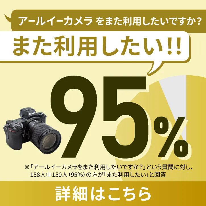 「アールイーカメラをまた利用したいですか？」95%のお客様に「また利用したい！」というお声をいただきました。買取金額 満足度99.4%!」